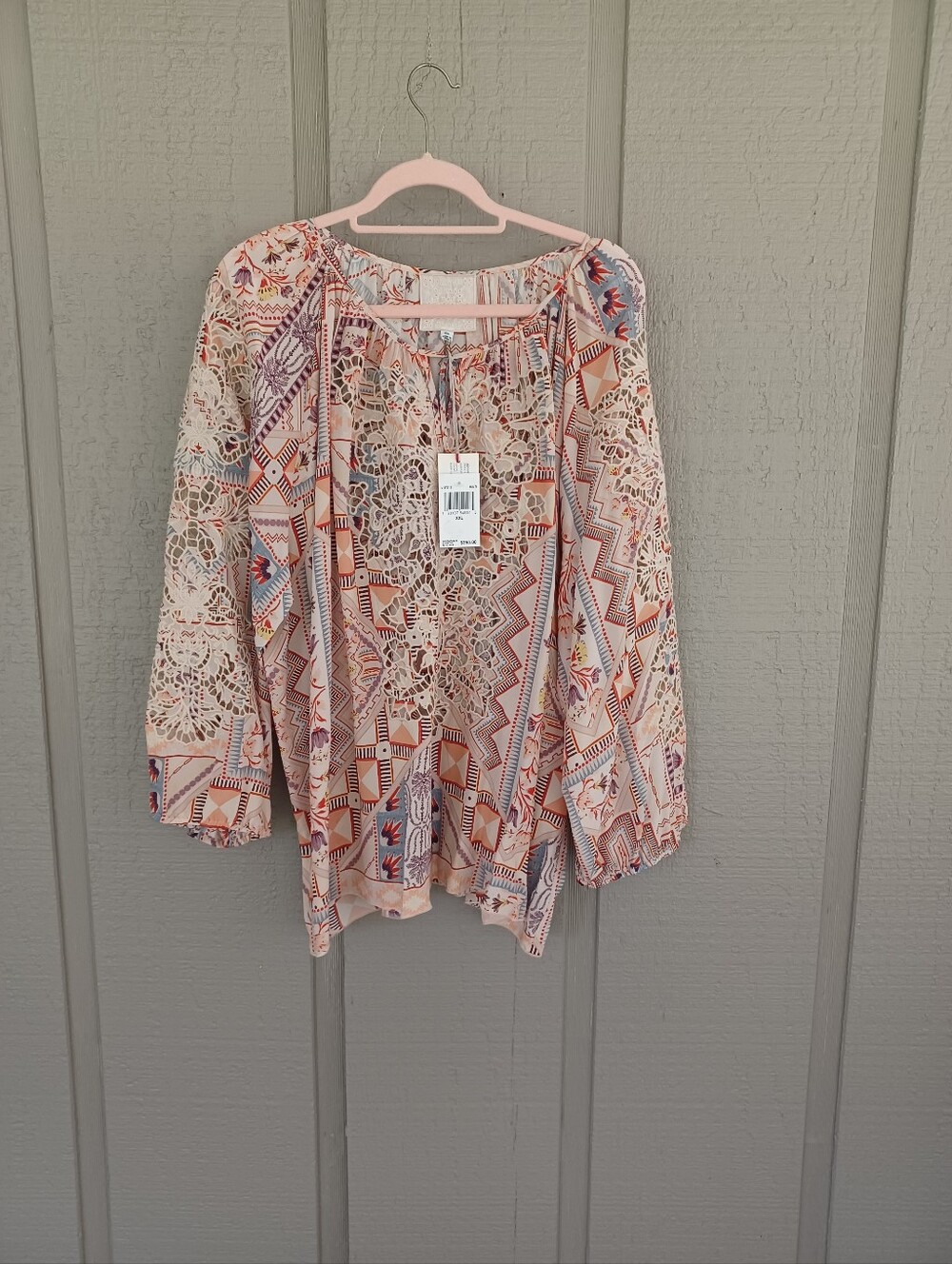 Johnny Was Jade Sukie Silk Peasant Top Size XXL Embroidery Tie Neck Boho Blouse
